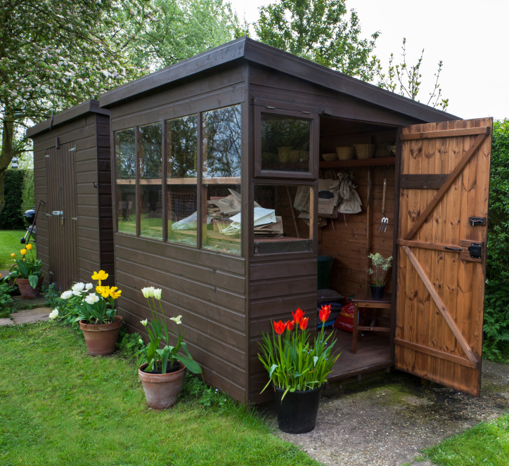 Garden shed exterior with door open, tools, flowers, and plant p