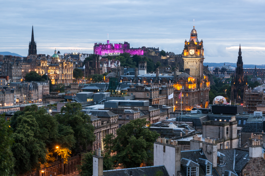 Edinburgh Skyline from Calton Hill at dusk, Scotland, UK